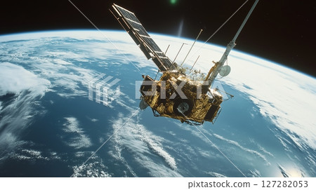 Satellite in orbit above Earth capturing stunning view of blue planet and clouds 127282053