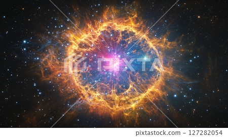 Stunning celestial display of a star's death in vibrant colors captured in deep space 127282054
