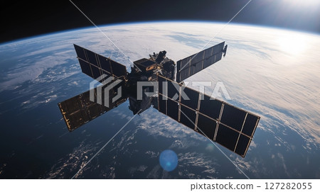 Satellite in orbit above Earth capturing stunning view of blue planet and clouds 127282055