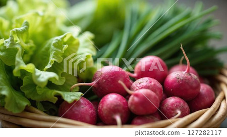 Fresh garden radishes, lettuce, and green onions in a basket 127282117
