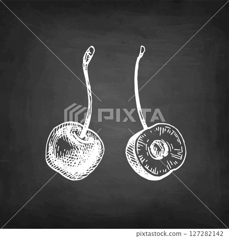 Chalk sketch of whole and halved cherry Chalk sketch of whole and halved cherry 127282142
