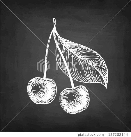 Chalk sketch of cherries with stem and leaf 127282144