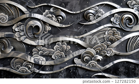 Silver-black Japanese-style background design featuring three-dimensional waves and clouds 127282150