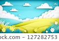 Background illustration of grassland, blue sky and white clouds 127282753