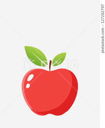 Single red apple drawn in a flat digital style, smooth and shiny look with crisp green leaves, soft shadow beneath, clean white space around, bright and minimal art perfect for fresh fruit design 127282797