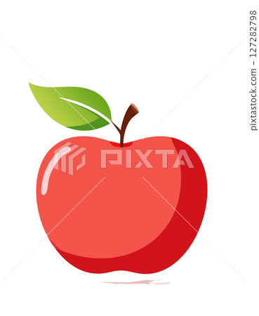 Modern flat illustration of a red apple with gentle highlights, vivid green leaves, subtle drop shadow, white backdrop, bright and friendly food image, perfect for clean and minimal designs related to 127282798