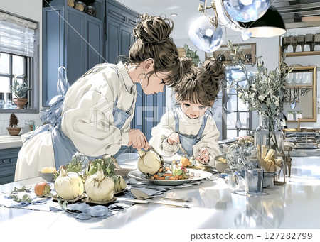 Illustration material of a child serving food with his mother 127282799