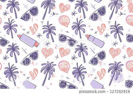 Summer neon color icon pattern of sunglasses and cosmetics with a loose and cute aloha style 127282919