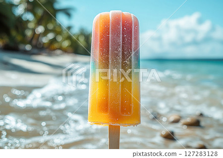 Popsicle with rainbow colors on a long stick on a summer background. Summer fun. Retro style. Popsicle with rainbow colors on a long stick on a summer background. Summer fun. Retro style. 127283128