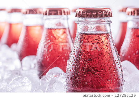 Summer mockup. Retro cooler filled with glass soda bottles and ice. Retro style. Close-up. Summer mockup. Retro cooler filled with glass soda bottles and ice. Retro style. Close-up. 127283129