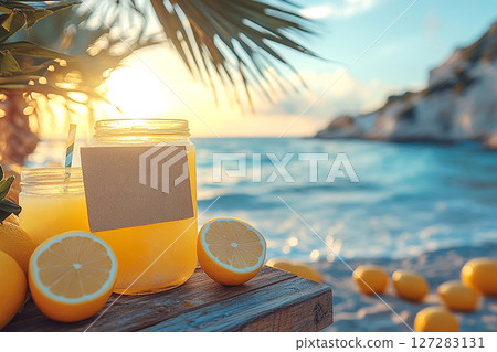 Summer drinks. Summer sunset. Retro style of lemonade stand with a handwritten sign. 127283131