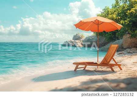 Enjoying a summer day. Sunny day. Umbrella and chairs set up on sand in beach of ocean. 127283132