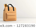 Modern Backpack for Travel and Work with Office Tools and Pencils on a Clean White Background 127283190