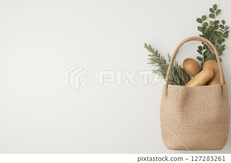 Fresh Organic Ingredients in a Natural Basket for Healthy Shopping and Culinary Inspiration 127283261