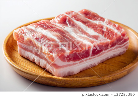 Side view of close up of view of pork belly on a wooden plate. Meat concept. 127283390