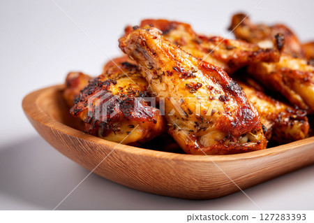 Side view of crispy glazed chicken wings on wooden plate. 127283393