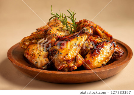 Side view of crispy glazed chicken wings on wooden plate Side view of crispy glazed chicken wings on wooden plate 127283397