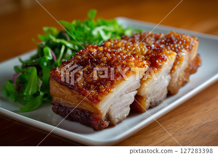 Close up view of crispy roasted pork on white plate. Meat concept Close up view of crispy roasted pork on white plate. Meat concept 127283398