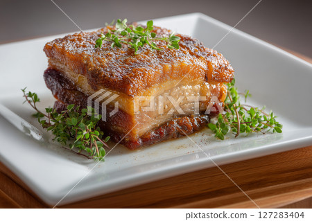Crispy roasted pork on white plate. Meat concept 127283404
