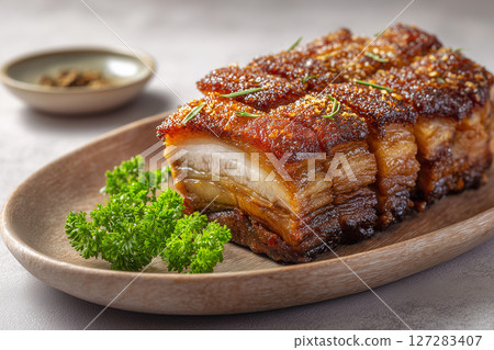 Close up view of crispy roasted pork on wooden plate. Meat concept Close up view of crispy roasted pork on wooden plate. Meat concept 127283407