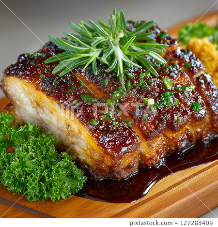 Top view of crispy roasted pork on wooden copping board. Meat concept Top view of crispy roasted pork on wooden copping board. Meat concept 127283409