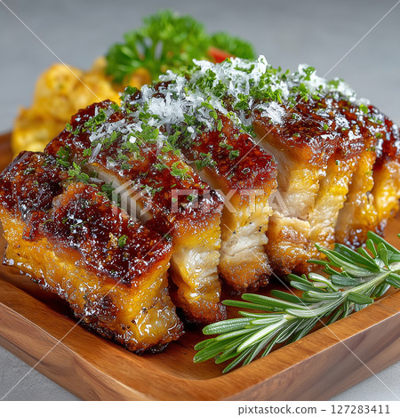 Delicious roasted pork on wooden copping board 127283411