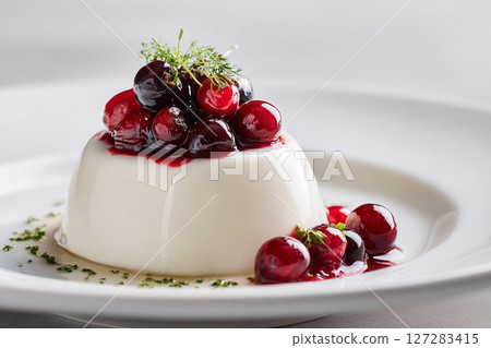 Panna Cotta with Berries on White Plate 127283415