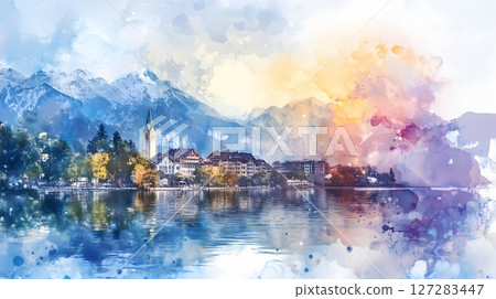 Zug Switzerland Watercolor Landscape Alpine Village Lake Mountain Reflection Scenic Cityscape 127283447