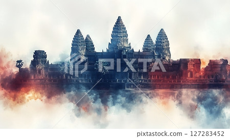 Angkor Wat Temple Complex Mystical Sunrise Reflection Cambodian Landmark Architectural Marvel 127283452