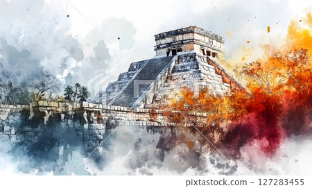 Artistic Watercolor Painting of Chichen Itza El Castillo Pyramid in Yucatan Mexico with Autumn Colors Artistic Watercolor Painting of Chichen Itza El Castillo Pyramid in Yucatan Mexico with Autumn Colors 127283455