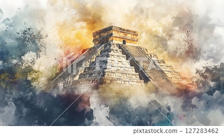 Chichen Itza El Castillo Pyramid Mystical Watercolor Artistic Rendering of Mayan Archaeological Landmark 127283462