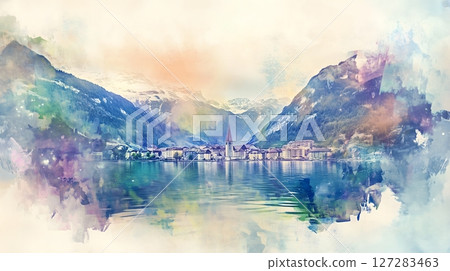 Dreamy Alpine Lakeside Town Watercolor Landscape with Mountain Reflections Dreamy Alpine Lakeside Town Watercolor Landscape with Mountain Reflections 127283463