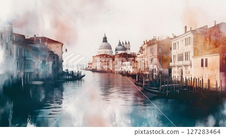 Dreamy Venice Grand Canal Watercolor Cityscape with Santa Maria della Salute Basilica Dreamy Venice Grand Canal Watercolor Cityscape with Santa Maria della Salute Basilica 127283464