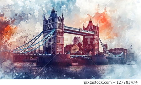 Tower Bridge London Artistic Watercolor Cityscape Skyline Urban Landscape 127283474