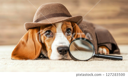 Beagle dog investigating with magnifying glass and detective hat Beagle dog investigating with magnifying glass and detective hat 127283500