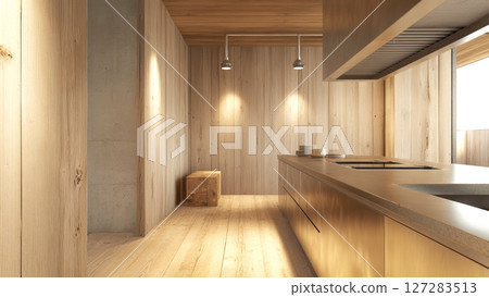 Modern minimalist wooden kitchen illuminating warm interior design 127283513