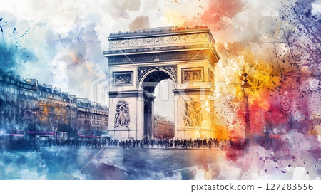 Artistic Watercolor Painting of Arc de Triomphe in Paris with Vibrant Color Splash Effect 127283556