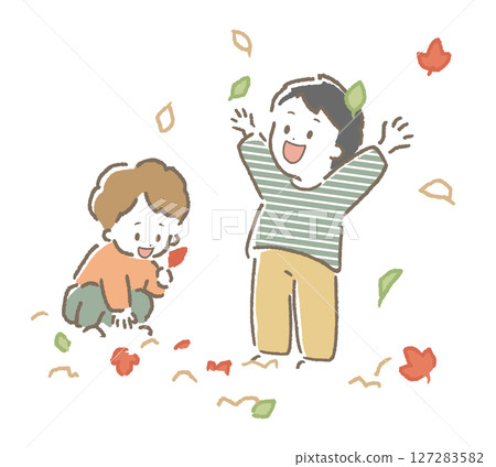 Hand-drawn illustration of children playing with fallen leaves (cute, autumn, for cutting) 127283582