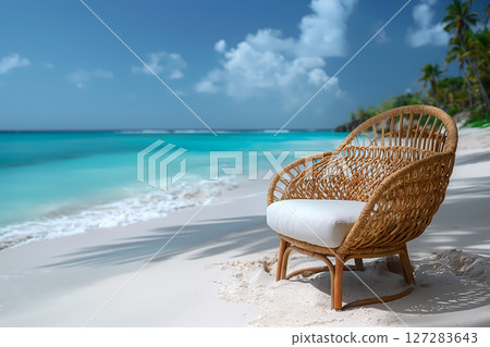 Wooden chairs and aloha holidays on a tropical beach 127283643