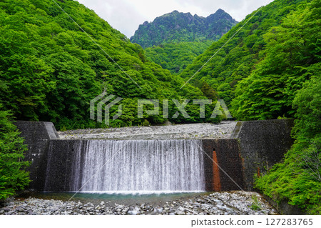 Nishizawa Valley in the season of fresh greenery: View from Futamata Suspension Bridge Nishizawa Valley in the season of fresh greenery: View from Futamata Suspension Bridge 127283765