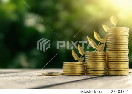 Growth in Business Finance Represented by Stacked Golden Coins and Ascending Graph of Prosperity 127283855