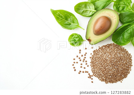 Fresh Avocado with Quinoa Seeds and Green Leaves on White Background in 3D Style for Healthy Eating Concept Fresh Avocado with Quinoa Seeds and Green Leaves on White Background in 3D Style for Healthy Eating Concept 127283882