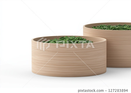 Modern Wooden Kitchen Containers for Storing Food in a Minimalist Style with Green Beans 127283894