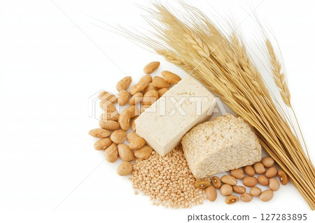Fresh Plant-Based Protein Sources Featuring Tofu, Beans, Grains, Nuts, and Golden Wheat for Clean Eating 127283895
