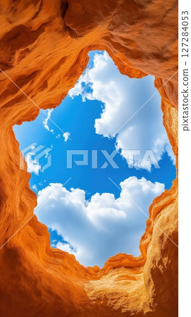 Dreamy Surreal Canyon Cave with Golden Walls Opening to a Bright Blue Sky and Fluffy White Clouds 127284053