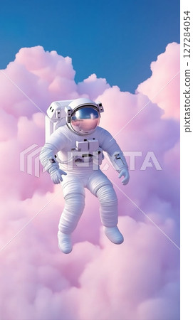 Surreal Illustration of an Astronaut Floating Amidst Soft Pastel Clouds in a Dreamlike Environment 127284054