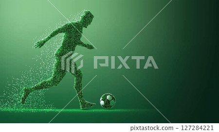Male Soccer Player Kicking Ball in Digital Pixels Art on a Vibrant Green Background 127284221