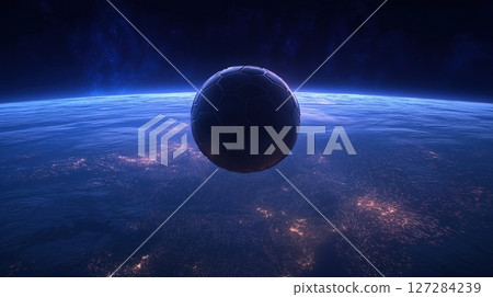 Aerial view of a football hovering above a illuminated city at night with bright stadium lights glowing 127284239