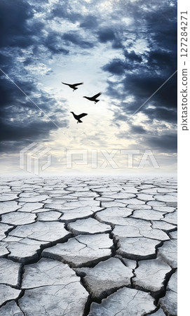 Surreal Scene of Crows Flying Across an Endless Desert Sky Under Dramatic Clouds 127284271