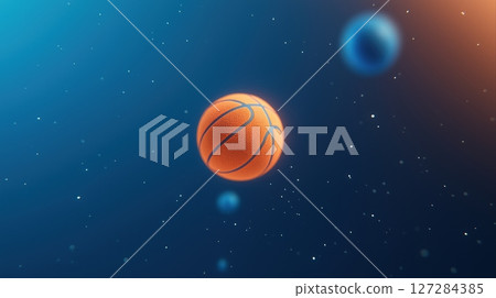 Floating Basketball in Cosmic Space with Glowing Planets and Stars Surrounding It 127284385